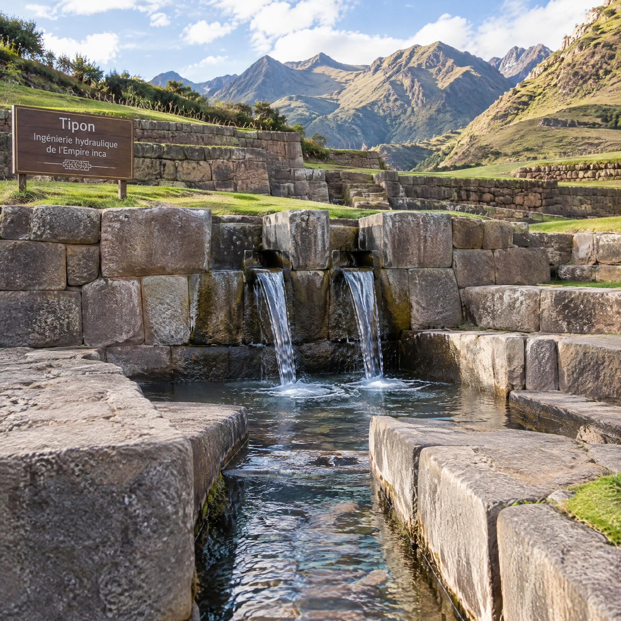 R&eacute;seau de canaux et fontaines hydrauliques en pierre taill&eacute;e de Tip&oacute;n au P&eacute;rou